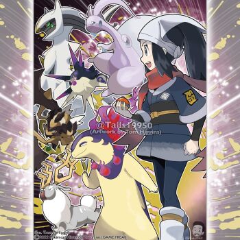 1girl akari_(pokemon) antlers arceus artist_name black_eyes black_hair black_sash blue_kimono blue_pantyhose bright_pupils closed_mouth colored_sclera commentary company_name copyright_notice english_commentary eyelashes fire from_side galaxy_expedition_team_survey_corps_uniform gen_4_pokemon green_sclera grey_eyes headscarf hisuian_goodra hisuian_poke_ball hisuian_typhlosion holding holding_poke_ball horns instagram_username japanese_clothes kimono kleavor legendary_pokemon long_hair merchandise_available mythical_pokemon nintendo obi official_style open_mouth outline overqwil pantyhose poke_ball pokemon pokemon_(creature) pokemon_legends:_arceus ponytail purple_fire red_eyes red_scarf sash scarf sidelocks slime_(substance) smile socks spikes teeth tom_higgins upper_teeth_only v-shaped_eyes watermark white_headscarf white_outline white_pupils white_socks wyrdeer