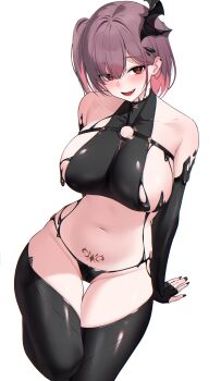 1girl arm_support bare_shoulders bikini black_bikini black_gloves black_horns black_nails black_shirt black_thighhighs blush breasts collarbone commentary_request elbow_gloves fingerless_gloves fingernails gloves goddess_of_victory:_nikke highres horns large_breasts looking_at_viewer medium_hair nail_polish navel o-ring one_side_up open_mouth pink_eyes pink_hair pubic_tattoo revision shirt side_ponytail sideboob simple_background single_horn smile solo stomach swimsuit tattoo teeth thighhighs thighs white_background ziroqon ziz_(nikke)