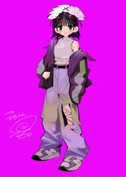 Rule 34 | 1girl, bad id, bad twitter id, belt, black belt, black hair, blunt bangs, brown eyes, full body, highres, jacket, long sleeves, looking at viewer, maymay pic, midriff, open clothes, open jacket, original, pants, purple background, purple jacket, purple pants, purple shoes, shirt, shoes, short hair, signature, sleeveless, sleeveless shirt, sneakers, solo, standing, translation request