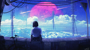 1girl above_clouds absurdres aircraft bicycle black_hair black_skirt bob_cut cloud commentary_request contrail dated day from_behind highres kinoko_no_sato meteor_shower original outdoors planet pleated_skirt scenery school_uniform shirt short_hair short_sleeves sign signature sitting skirt sky solo star_(sky) starry_sky tower translation_request white_shirt