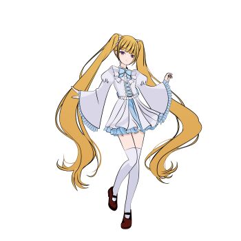 Rule 34 | 1girl, blonde hair, cheungsk1213, digimon, digimon story: time stranger, dress, long hair, long twintails, looking at viewer, purple eyes, solo, standing, twintails, very long hair, white background, white dress, yggdrasill (digimon), yggdrasill (digimon) (human avatar)