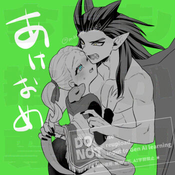 1boy 1girl adversarial_noise bike_shorts bike_shorts_under_skirt blue_eyes blush dragon_boy dragon_quest dragon_quest_builders_2 dress earrings fangs female_builder_(dqb2) fingernails fringe_trim green_background greyscale_with_colored_background hair_horns hair_pulled_back hair_ribbon hand_on_another&#039;s_arm hand_on_another&#039;s_chest hoop_earrings jewelry long_fingernails long_hair low_ponytail marisuke_(marippe) monster_boy muscular muscular_male one_eye_closed open_mouth pointy_ears ponytail pulling_tail ribbon sharp_fingernails shirt_under_dress sidoh_(dqb2) slit_pupils snake_head_tail spiked_hair spot_color sweatdrop tail topless_male translation_request twintails twitter_username two-tone_dress watermark wings yellow_eyes