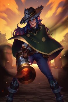 1girl absurdres armor armored_boots belt belt_buckle belt_pouch blue_hair boots buckle cannon cannoneer commentary commission cosplay cowboy_western dang_(runescape) denim english_commentary enter_the_gungeon fire glint gloves gold_trim green_poncho hat highres holding holding_cannon jeans johnny_azad large_hat long_hair original pants path poncho pouch road runescape skull smoke smoke_trail solo spiked_boots spiked_ear_piercing standing statue sunset the_gunslinger_(enter_the_gungeon) the_gunslinger_(enter_the_gungeon)_(cosplay) weapon yellow_eyes