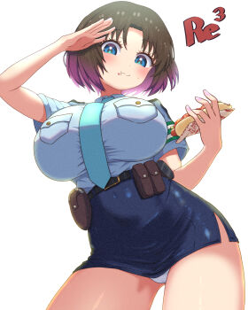 1girl :t belt belt_pouch black_belt black_hair blue_eyes blue_necktie blue_shirt blue_skirt blush breast_pocket breasts commentary_request cowboy_shot eating elma_(maidragon) food food_on_face from_below gradient_hair high-waist_skirt highres holding holding_food hot_dog huge_breasts kobayashi-san_chi_no_maidragon looking_at_viewer looking_down miniskirt multicolored_hair necktie panties pantyshot pencil_skirt pocket police police_uniform policewoman pouch purple_hair reiwa_rerere salute shirt short_hair short_sleeves simple_background skirt solo standing two-tone_hair underwear wavy_mouth white_background white_panties