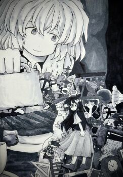 2girls abstract absurdres bare_arms boots character_doll chinese_commentary clenched_hand closed_mouth collared_capelet commentary_request doll dot_nose enraku_tsubakura expressionless food full_body graph greyscale happy haru_(len'en) he_niao_(xinjinjumin810926596951) highres houlen_yabusame infinity_symbol len'en light_frown long_hair long_skirt looking_at_viewer looking_back medium_hair monochrome multiple_girls paper phonograph pitcher_(container) plate pleated_skirt shirt shitodo_hoojiro short_sleeves skirt smile steak table torii very_long_hair