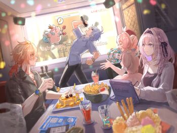 2boys 2girls alternate_hairstyle animal_ears antenna_hair back black_hairband black_pants black_ribbon black_shirt black_tank_top blonde_hair blue_hair blush_stickers body_markings bowl braid cake castorice_(honkai:_star_rail) clenched_hand closed_eyes closed_mouth collared_shirt colored_inner_hair couch cowboy_shot crown cup dress drink drinking_glass drinking_straw eating food fork french_fries gradient_hair grey_hair hair_between_eyes hair_ribbon hairband hand_up highres holding holding_fork holding_instrument holding_maracas holding_microphone holding_stylus honkai:_star_rail honkai_(series) horse_ears horse_tail hyacine_(honkai:_star_rail) ice ice_cream ice_cube instrument jacket karaoke ketchup little_ica_(honkai:_star_rail) long_hair looking_at_another low_ponytail maracas microphone multicolored_hair multiple_boys multiple_girls music musical_note mydei_(honkai:_star_rail) on_couch open_clothes open_jacket open_mouth pants pegasus pegasus_wings phainon_(honkai:_star_rail) pink_dress pink_hair playing_instrument ponytail puffy_short_sleeves puffy_sleeves purple_eyes red_hair ribbon shadow shirt short_hair short_ponytail short_sleeves singing single_braid sitting smile spoken_musical_note standing stylus sundae table tablet_pc tail tambourine tanemaki_monaka tank_top teeth tray twintails watch white_jacket wristwatch yellow_eyes