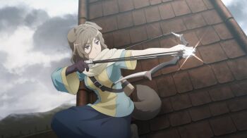 Rule 34 | 1girl, aiming, animal ears, anime coloring, archery, arrow (projectile), asymmetrical sleeves, blue shirt, blue skirt, bow (weapon), breasts, brown gloves, brown hair, closed mouth, danmachi battle chronicle, dog ears, dog girl, dog tail, drawing bow, dungeon ni deai wo motomeru no wa machigatteiru darou ka, game cg, gloves, grey sky, hair between eyes, highres, holding, holding arrow, holding bow (weapon), holding weapon, medium breasts, naaza erisuis, non-web source, official art, on roof, outdoors, outstretched arm, purple eyes, quiver, scarf, shirt, short hair, single glove, skirt, sky, solo, tail, two-tone shirt, weapon, white scarf, yellow shirt