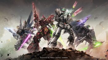 Rule 34 | 4others, absurdres, call of duty, call of duty: mobile, char's counterattack, copyright notice, energy sword, fin funnels, freedom gundam, funnels (gundam), gun, gundam, gundam deathscythe, gundam seed, gundam wing, highres, holding, holding weapon, key visual, kriss vector, mixed-language commentary, mobile suit, multiple others, nu gundam, official art, parachute, promotional art, robot, sazabi, submachine gun, sword, taka-f, weapon