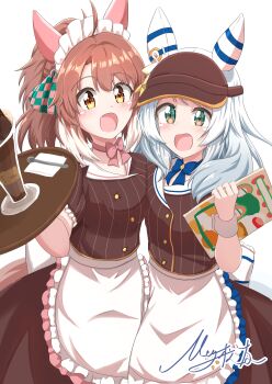 2girls absurdres ahoge animal_ears apron blue_bow blush bow bow_choker breasts brown_eyes brown_hair brown_shirt brown_skirt choker commentary_request dantsu_flame_(umamusume) ear_covers food frills grey_hair hair_between_eyes highres hishi_miracle_(umamusume) holding holding_tray horse_ears horse_girl horse_tail looking_at_viewer matty_(matsutomo) medium_hair menu_board multicolored_hair multiple_girls open_mouth parfait pink_bow pink_choker shirt short_sleeves simple_background skirt smile tail tray umamusume visor_cap waist_apron waitress white_apron white_background white_hair white_headdress white_wrist_cuffs wrist_cuffs