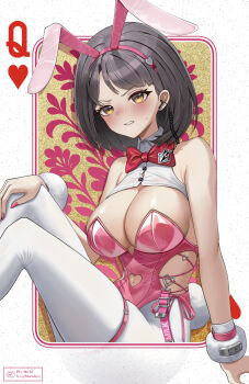 1girl absurdres animal_ear_hairband animal_ears bare_shoulders black_hair blush bow bowtie breasts cleavage clenched_teeth clothing_cutout commentary earpiece facebook_username fake_animal_ears fur_wrist_cuffs goddess_of_victory:_nikke hairband heart_cutout highres large_breasts leotard looking_at_viewer maridix milk_(blooming_bunny)_(nikke) milk_(nikke) navel navel_cutout nose_blush official_alternate_costume pantyhose parted_lips pink_leotard pink_nails playboy_bunny playing_card queen_(playing_card) queen_of_hearts_(playing_card) rabbit_ear_hairband rabbit_ears red_bow red_bowtie short_hair shrug_(clothing) side-tie_leotard side_cutout sidelocks sitting solo sweat teeth thigh_strap twitter_username white_pantyhose white_shrug wrist_cuffs yellow_eyes