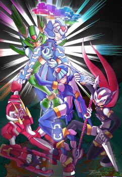 Rule 34 | 1girl, 4boys, armor, black armor, black eyes, black helmet, blue armor, blue eyes, blue helmet, blue robe, commentary, cyber elf x (mega man), dark-skinned male, dark skin, english commentary, facial mark, fairy leviathan (mega man), fighting fefnir (mega man), forehead jewel, green armor, green eyes, green helmet, group picture, halo, helmet, hidden phantom (mega man), highres, holding, holding kunai, holding polearm, holding weapon, horns, kunai, mega man (series), mega man zero (series), multiple boys, ninja, polearm, red armor, red eyes, red helmet, robe, sage harpuia (mega man), scarf, spear, srn001terra, weapon, x (mega man)