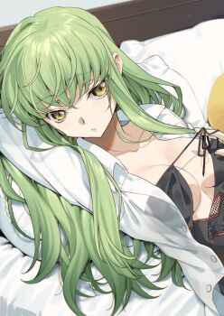 1girl bed black_bra bra breasts c.c. cleavage code_geass collarbone creayus green_hair hair_spread_out highres long_bangs long_hair looking_at_viewer medium_breasts open_clothes open_mouth pillow shirt underwear white_shirt yellow_eyes