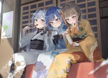 3girls alternate_costume black_choker blue_hair blue_kimono bowl braid brown_eyes brown_hair choker chopsticks dango eating floral_print food food_in_mouth gloves gradient_hair grey_eyes grey_hair hair_intakes highres holding holding_bowl holding_chopsticks japanese_clothes kimono lace lace_gloves long_hair low_twin_braids medium_hair mitarashi_dango mochi multicolored_hair multiple_girls obi obijime omikuji parted_bangs sakahana sash sendo_yuuhi sitting streaked_hair tsumugi_kokage twin_braids virtual_youtuber vspo! wagashi white_kimono yano_kuromu yellow_kimono