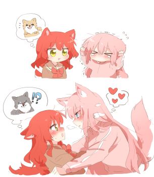 !? >_< 2girls animal_ears blue_eyes blush bocchi_the_rock! bow bowtie brown_shirt closed_eyes closed_mouth commentary_request dog dog_ears dog_girl dog_tail eye_contact flying_sweatdrops gotoh_hitori green_eyes heart jacket kemonomimi_mode kita_ikuyo long_hair looking_at_another multiple_girls open_mouth parted_lips pink_hair pink_jacket rebecca_(keinelove) red_bow red_bowtie red_hair school_uniform shirt shuka_high_school_uniform simple_background smile spoken_heart sweat tail tears track_jacket white_background yuri