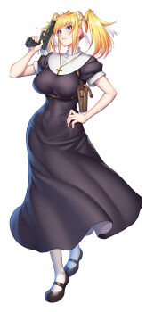 1girl alternate_costume artist_collaboration bare_shoulders black_lagoon blonde_hair blue_eyes breasts closed_mouth curvy dress full_body gun hand_on_own_hip high_heels highres holding holding_gun holding_weapon large_breasts lips long_hair looking_at_viewer non-web_source nun official_alternate_costume official_art pointy_ears shinganji_kurenai shiny_skin shoes solo standing taimanin_(series) taimanin_kurenai taimanin_rpgx thighs twintails weapon white_background wide_hips zol