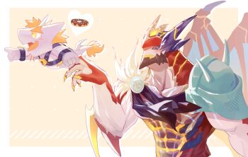 1boy abs absurdres another_eidos-r armor bara barboros_(another_eidos) border donut dragon_boy facial_hair flying food furry furry_male gaia_(another_eidos) goatee_stubble heart highres lock male_focus muscular muscular_male muuunya000 open_mouth padlock pointing pointing_forward pulling stubble white_border wings yellow_eyes