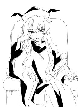 Rule 34 | 1girl, absurdres, commentary request, detached sleeves, greyscale, hat, highres, long hair, long sleeves, looking at viewer, matara okina, monochrome, open mouth, sitting, skirt, smile, solo, tabard, touhou, uehara suiyo, wide sleeves