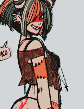 Rule 34 | 1girl, alternate eye color, alternate hair length, alternate hairstyle, bare shoulders, commentary, cross, cross necklace, danganronpa (series), danganronpa 2: goodbye despair, diagonal bangs, ear piercing, english commentary, evil grin, evil smile, eyelashes, face piercing, gothlete99, grey background, grin, hair horns, jewelry, limited palette, mioda ibuki, mouth piercing, multicolored hair, necklace, patchwork skin, piercing, red eyes, sharp teeth, shirt, short hair, sidelocks, simple background, smile, solo, speech bubble, stitched arm, stitches, teeth, third-party source, torn clothes, torn shirt, upper body