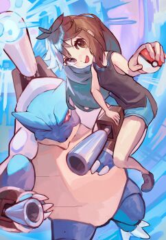 1girl absurdres arm_cannon black_dress blastoise blue_shorts breasts brown_eyes brown_hair cannon closed_mouth dress gen_1_pokemon green_(pokemon) highres holding holding_poke_ball long_hair looking_at_viewer mega_blastoise mega_pokemon nintendo one_eye_closed open_mouth poke_ball poke_ball_(basic) pokemon pokemon_(creature) pokemon_lgpe rasoso_(wyzx4524) red_eyes riding riding_pokemon shoes shorts sleeveless smile turtle_shell water water_cannon weapon