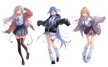 Rule 34 | 3girls, asumi sena, black choker, black jacket, black nails, black shoes, black thighhighs, blonde hair, blue hair, blue necktie, breasts, brown shoes, choker, collared shirt, colored inner hair, commentary request, cross hair ornament, earrings, fang, full body, green eyes, grey hair, grey jacket, hair ornament, hairclip, hand up, highres, hood, hood down, hooded jacket, jacket, jewelry, kurumi noah, leg warmers, loafers, long hair, long sleeves, looking at viewer, medium breasts, miniskirt, multicolored hair, multiple girls, necklace, necktie, off shoulder, official alternate costume, one eye closed, open clothes, open jacket, open mouth, outstretched arms, parallel hairclips, pink eyes, pink hair, plaid clothes, plaid necktie, platform shoes, pleated skirt, purple hair, purple necktie, purple skirt, sa-ya2, school uniform, shirt, shirt tucked in, shoes, simple background, skirt, smile, tail, teeth, thighhighs, tongue, tongue out, two side up, upper teeth only, virtual youtuber, vspo!, white background, white leg warmers, white shirt, white shoes, white skirt, yano kuromu, zettai ryouiki