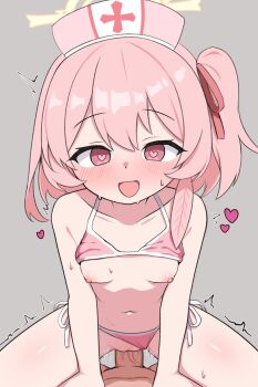 1boy 1girl bikini bikini_bottom_aside bikini_top_lift blue_archive blush breasts clothes_lift clothing_aside commentary_request cowgirl_position erection girl_on_top grey_background hair_ribbon halo hat heart heart-shaped_pupils hetero highres io9 korean_commentary looking_at_viewer navel nipples nurse_cap open_mouth penis pink_bikini pink_eyes pink_hair pov red_ribbon ribbon serina_(blue_archive) sex side-tie_bikini_bottom simple_background small_breasts smile solo_focus straddling swimsuit symbol-shaped_pupils uncensored vaginal yellow_halo