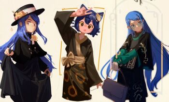1girl 1other alternate_costume androgynous animal_ears arm_up bag black_capelet black_dress black_eyes black_hat blue_eyes blue_hair boater_hat bow brown_bag brown_bow brown_kimono buttons capelet cat_ears closed_mouth clothing_request colored_sclera commentary cowboy_shot dress english_commentary floral_print flower glasses green_shirt guantanima_ii_(shadches72) hair_flower hair_ornament hat hat_flower hat_ribbon holding holding_bag japanese_clothes kimono long_hair long_sleeves looking_at_viewer looking_to_the_side niko_(oneshot) oneshot_(game) open_mouth original ribbon round_eyewear shadches72 shirt short_hair skirt_hold smile v white_ribbon yellow_eyes yellow_flower yellow_sclera