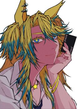 1girl animal_ears blonde_hair blue_eyes blue_hair bracelet breasts card closed_mouth collared_shirt highres horse_ears horse_girl jewelry joker_(playing_card) jose_(joseeidossei) long_hair looking_at_viewer multicolored_hair necklace necktie obey_your_master_(umamusume) playing_card shirt simple_background smile solo star-shaped_pupils star_(symbol) star_in_eye star_necklace streaked_hair symbol-shaped_pupils symbol_in_eye umamusume umamusume:_cinderella_gray upper_body white_background white_shirt