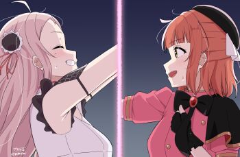 Rule 34 | 2girls, :d, ahoge, arms up, beret, black capelet, black gloves, black hat, blunt bangs, breasts, bun cover, buttons, capelet, commentary request, double-breasted, double bun, dress, fingerless gloves, frilled gloves, frills, gloves, grin, hair bun, half updo, hat, highres, jacket, large breasts, long hair, love live!, love live! nijigasaki high school idol club, love live! nijigasaki high school idol club the movie - finale, medium hair, mole, mole under eye, multiple girls, ohrinas, open mouth, orange hair, phoenix (love live!), pink hair, pink jacket, profile, short-sleeved jacket, short sleeves, side cape, sidelocks, signature, sleeveless, sleeveless dress, smile, stellar stream (love live!), sweatdrop, teeth, twitter username, two side up, uehara ayumu, upper teeth only, white dress, zhong lanzhu