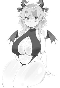 1girl :&lt; alternate_body_build alternate_breast_size alternate_costume apricot_the_lich blush breasts covered_erect_nipples curvy embarrassed female_focus hair_ornament jourjii large_breasts lich looking_at_viewer midriff monochrome one-piece_swimsuit plump scar scar_on_face short_hair sitting slit_pupils solo swimsuit thick_thighs thighs virtual_youtuber vshojo white_background wings