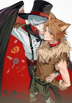 26duuuu 2boys arm_up ascot black_hat brown_eyes brown_gloves brown_hair brown_shirt candy candy_cane collar commentary food fur-trimmed_shirt fur_trim gloves grey_eyes grey_hair grin hair_between_eyes hanamura_yousuke hand_on_another&#039;s_waist hat highres jack-o&#039;-lantern kemonomimi_mode lollipop looking_at_another looking_at_viewer male_focus multiple_boys narukami_yu persona persona_4 red_collar shirt short_hair simple_background smile suspenders symbol-only_commentary top_hat white_ascot white_background white_shirt