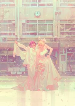 blonde_hair bouquet bridal_veil bride chainsaw_man closed_mouth clothes_lift collared_shirt couple crossdressing crossdressing_(ftm) crossdressing_(mtf) denji_(chainsaw_man) dress dress_lift falling_petals flower formal_clothes full_body groom hair_between_eyes hetero highres holding holding_bouquet husband_and_wife jacket leonardo_vincent long_dress looking_at_another open_mouth outstretched_arms panties petals purple_hair reze_(chainsaw_man) shirt smile strapless strapless_dress suit suit_jacket tuxedo underwear veil wedding_dress white_dress white_jacket white_panties white_shirt white_suit