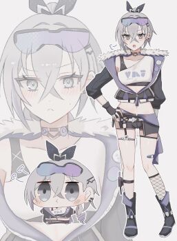 1girl :t black_shorts blush commentary crossed_bangs drill_hair drill_ponytail eyewear_on_head fishnet_kneehighs fishnet_socks fishnets fur-trimmed_jacket fur_trim gradient-tinted_eyewear grey_eyes grey_hair highres honkai:_star_rail honkai_(series) jacket navel nemuii15_oo open_mouth pout purple-tinted_eyewear shirt short_shorts shorts silver_wolf_(honkai:_star_rail) single-shoulder_shirt single_drill socks solo tinted_eyewear untranslatable_commentary white_background