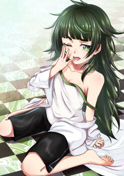 1girl absurdres bare_legs barefoot black_shorts breasts checkered_floor cleavage collarbone commentary_request full_body green_eyes green_hair hand_to_own_mouth highres hiyajou_maho lab_coat long_hair looking_at_viewer messy_hair off_shoulder one_eye_closed open_mouth rairaisuruyo science_adventure shorts sitting sleepy small_breasts solo steins;gate steins;gate_0 strap_slip tank_top tears wariza yawning