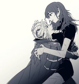 Rule 34 | 2girls, alternate costume, breasts, cape, cleavage, cleavage cutout, clothing cutout, collared cape, couple, double bun, edelgard von hresvelg, edelgard von hresvelg (timeskip), fake horns, female byleth (fire emblem), fire emblem, fire emblem: three houses, from side, hair between eyes, hair bun, headpiece, highres, horns, hug, korean commentary, leaning forward, long hair, long sleeves, looking at another, looking down, looking up, medium breasts, monochrome, multiple girls, multiple scars, nintendo, official alternate costume, open mouth, pantyhose, scar, shade, short sleeves, shorts, sitting, upper body, vndghktjfdnjf, wariza, wavy hair, yuri