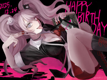 Rule 34 | 1girl, absurdres, bear hair ornament, black shirt, blonde hair, blood, bow, breasts, choker, cleavage, collarbone, commentary request, danganronpa: trigger happy havoc, danganronpa (series), dated, enoshima junko, grey eyes, hair ornament, happy birthday, highres, iei, ikusaba mukuro, large breasts, long hair, looking at viewer, nail polish, necktie, oruka 1 m, pink blood, red bow, red nails, red skirt, shirt, shirt bow, skirt, sleeves rolled up, smile, solo, spoilers, teeth, twintails, two-tone necktie, white necktie