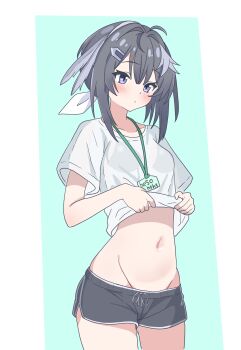 1girl absurdres arknights black_hair black_shorts blush closed_mouth clothes_lift commentary cowboy_shot dolphin_shorts eggplant7217 green_background groin hair_ornament hairclip highres la_pluma_(arknights) lifting_own_clothes midriff navel one-hour_drawing_challenge purple_eyes shirt shirt_lift short_hair short_shorts short_sleeves shorts solo standing t-shirt white_shirt