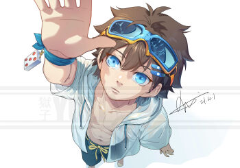 1boy blue_eyes brown_hair from_above goggles goggles_on_head hair_ornament hairclip hudr5735 male_focus open_clothes original reaching shota solo white_background