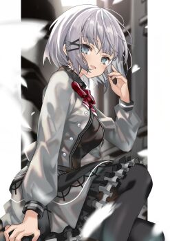 Rule 34 | 1girl, :d, aqua eyes, black pantyhose, bob cut, building, cowboy shot, dress, falling petals, frilled dress, frills, grey hair, hair ornament, hand up, highres, jacket, layered dress, neck ribbon, open clothes, open jacket, open mouth, paneled background, pantyhose, petals, ribbon, second-party source, shino (eefy), siesta (tantei wa mou shindeiru), sitting, smile, solo, tantei wa mou shindeiru, x hair ornament