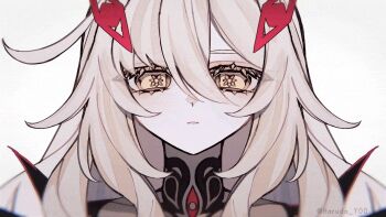 Rule 34 | 1girl, animated, animated gif, blinking, closed mouth, commentary request, eye hair ornament, flower-shaped pupils, genshin impact, hair between eyes, hair ornament, haruki soo, long hair, looking at viewer, portrait, red wings, ronova (genshin impact), side ahoge, solo, symbol-shaped pupils, twitter username, white hair, wings, yellow eyes