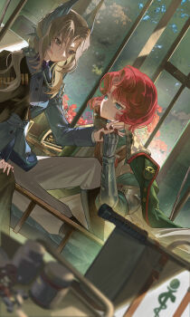 2girls absurdres black_boots blood blood_on_face blue_eyes blue_jacket blue_shirt blurry blurry_foreground boots cape closed_mouth commentary_request commission dutch_angle eye_contact face-to-face gauntlets green_cape grey_eyes grey_hair hair_ornament hand_on_own_cheek hand_on_own_face highres holding_hands indoors interlocked_fingers jacket long_hair looking_at_another low_ponytail lulu_(user_sknw5374) marsha_(reverse:1999) military_uniform multiple_girls on_bed pants ponytail red_hair reverse:1999 rod_of_asclepius sentinel_(reverse:1999) shirt short_hair sitting smile suitcase white_pants window