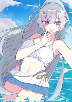 1girl ahoge arm_behind_head arm_strap armpit_crease bare_shoulders beach bikini bikini_ribbon blue_eyes blue_hairband blush breasts collarbone commentary english_commentary female_tyrant_(stella_sora) female_tyrant_(swimsuit)_(stella_sora) frilled_bikini frills grey_hair hair_ornament hairband halterneck highres key long_hair looking_at_viewer navel ocean official_alternate_costume open_mouth ribbon small_breasts solo star_(symbol) stella_sora stomach sweat swimsuit symbol-shaped_pupils thigh_strap thighs tongue tongue_out two-tone_ribbon tyrant_(stella_sora) very_long_hair white_bikini zenithzwei