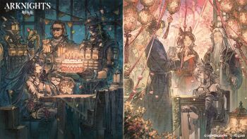 4girls 6+boys ace_(arknights) adoptive_grandparent_and_adoptive_grandchild arknights birthday_cake blaze_(arknights) cake candle commentary english_commentary food grandfather_and_granddaughter highres holding holding_cake holding_food holding_party_popper indoors lantern maeka_(kumaekake) mechanist_(arknights) multiple_boys multiple_girls night ning_shu_(arknights) official_art party_popper scout_(arknights) second-party_source sitting split_screen split_theme string_of_flags touch_(arknights) xingzhu_(arknights)