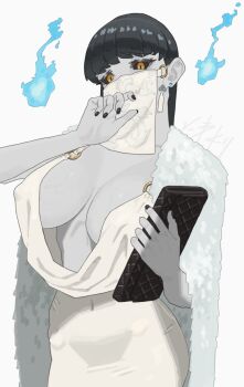 1girl black_hair breasts breasts_apart cocktail_dress covered_erect_nipples dress earrings ghost highres hip_bones jewelry large_breasts mouth_veil niwatori5948 original simple_background solo veil white_dress