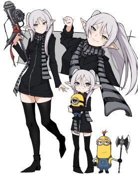 1girl absurdres axe battle_axe black_jacket black_thighhighs blue_overalls bright_pupils clenched_hand commentary cosplay despicable_me elf english_commentary fern_(sousou_no_frieren) green_eyes grey_scarf gru_(despicable_me) gru_(despicable_me)_(cosplay) hair_between_eyes highres holding holding_axe holding_weapon jacket kekel long_hair long_pointy_ears long_sleeves looking_at_viewer minion_(despicable_me) overalls pointy_ears pout purple_eyes scarf simple_background smile sousou_no_frieren stark_(sousou_no_frieren) thighhighs twintails weapon white_background white_pupils zipper