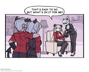 Rule 34 | 4girls, baphomet (grizz), black horns, breasts, choker, cigarette, comic, commentary, demon girl, demon horns, demon tail, english commentary, english text, formal clothes, from behind, gloves, goat bodyguard (grizz), grizz, hair over one eye, helltaker, high heels, highres, horns, jewelry, lamp, malina (helltaker), multiple girls, piercing, red eyes, red shirt, segmented comic, shirt, short hair, sitting, suit, sunglasses, tail, white hair, zdrada (helltaker)