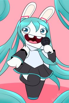 1other absurdres animal_ears blue_eyes buck_teeth cosplay detached_sleeves hatsune_miku hatsune_miku_(cosplay) highres holding holding_microphone long_hair looking_at_viewer microphone necktie no_humans noelia_nao parody rabbid rabbit_ears raving_rabbids skirt smile solo teeth thighhighs toon_(style) twintails