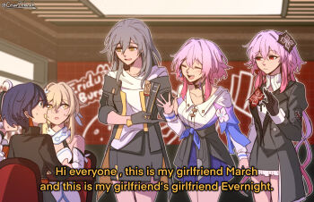 6+girls belle_(zenless_zone_zero) black_choker black_dress black_flower black_gloves black_jacket black_skirt blonde_hair blue_hair blue_skirt blush cesar_zebrah choker commentary dress english_commentary english_text evernight_(honkai:_star_rail) flower genshin_impact gloves grey_hair hair_between_eyes hair_flower hair_ornament half-jacket highres honkai:_star_rail honkai_(series) honkai_impact_3rd indoors jacket kiana_kaslana kiana_kaslana_(white_comet) layered_dress long_hair long_sleeves looking_at_another lumine_(genshin_impact) march_7th_(honkai:_star_rail) march_7th_(preservation)_(honkai:_star_rail) mihoyo multiple_girls open_clothes open_jacket open_mouth pink_hair pleated_skirt red_eyes red_flower restaurant selfcest shirt short_hair skirt stelle_(honkai:_star_rail) sweatdrop trailblazer_(honkai:_star_rail) waving white_shirt yellow_eyes yuri zenless_zone_zero