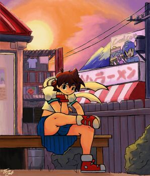 absurdres backyard billboard fence highres house japanese_clothes kasugano_sakura looking_at_viewer school_uniform sitting street_fighter suburb sunset the_cal town