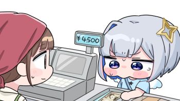 2girls amane_kanata banknote blue_hair blue_shirt blue_wings blush_stickers brown_eyes brown_hair cash_register chibi closed_mouth grey_hair headscarf highres hololive mini_wings mochimiko money multicolored_hair multiple_girls purple_eyes shirt short_sleeves simple_background single_hair_intake small_sweatdrop sweat tears two-tone_hair v-shaped_eyebrows virtual_youtuber wavy_mouth white_background white_shirt white_wings wings yurie_mouth