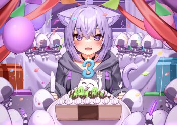1girl :d absurdres ahoge animal_ear_fluff animal_ears balloon black_choker black_hoodie blush box breasts cake cat_ears cat_girl cat_tail choker commentary_request confetti deaver food fork gift gift_box hair_between_eyes happy_birthday highres holding holding_fork holding_knife hololive hood hoodie indoors knife large_breasts looking_at_viewer nekomata_okayu nekomata_okayu_(1st_costume) onigirya_(nekomata_okayu) open_mouth purple_eyes purple_hair short_hair smile solo tail virtual_youtuber